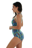 Side view of aqua Durban crisscross strap structured cup tank.