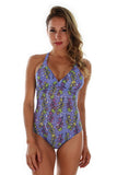 Front view of purple Durban adjustable crisscross strap structured cup tank swimwear.