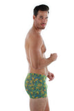 Side view of blue and green Tahiti bike shorts for men.