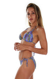 Side view of purple Durban string bikini top.