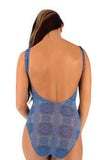 Back view of tank swimsuit in blue Serpent by Lifestyles Direct Tan Through Swimwear.
