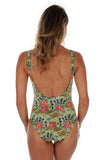 Back view of green Morea tan through traditional tank swimsuit.