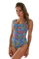 Tan through traditional tank swimsuit -- front view -- blue Fiji.