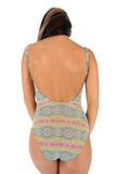 Back view of traditional tank in green Chameleon print from Lifestyles Direct Tan Through Swimwear.