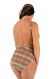 Back view of gold Chameleon tan through traditional tank swimming suit.