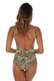 Back view of C-D underwire cup tan through tank swimsuit in green Morea print.