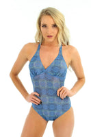 Blue Serpent structured cup swimsuit with crisscross straps from Lifestyles Direct Tan Through Swimwear.