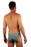 Back view of 1" racer swimwear for men in blue Snake Chic tan through fabric.