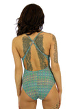 Back of adjustable crisscross strap womens swimwear in green Forever print.
