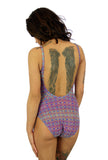 Back view of tan through underwire support tank with adjustable straps in blue Forever print.