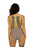 Back view of Lifestyles Direct Tan Through Swimwear with underwire support and adjustable straps in pink Toucan print.