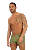9 inch bike shorts for men in red Toucan print from Lifestyles Direct Tan Through Swimwear.