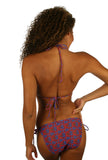 Tan through bikini with double tie strings and blue Hibiscus print.
