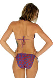 Double tie string bikini bottoms -- blue Hibiscus -- tan through swimwear.