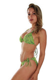 Side view of green Tahiti double -tie string bikini bottom