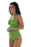 Side view of green Tahiti tankini bikini top
