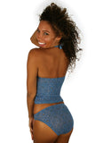 Back of tan through swimwear tankini top in blue Caged print.