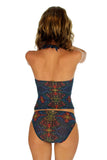 Back view -- tan through tankini swimsuits tops from Lifestyles Direct in multicolor Safari.