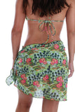 Back view of short sarong swimwear coverup in green Morea print.
