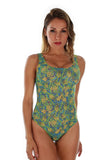 Front view of blue/green Tahiti tan through traditional tank swimsuit.