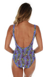Back view of C-D underwire tank swimsuit in purple Durban print.