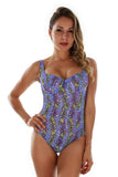 Front view of C-D underwire tank swimsuit in purple Durban print.