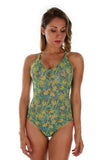 Front view of blue/green Tahiti sport tank with adjustable crisscross straps.