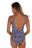 Back view of purple Durban tan through structured cup tank swimsuit.