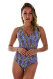 Front view of purple Durban tan through structured cup tank swimsuit.