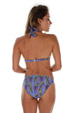Back view of ring bikini bottom in purple Durban print.