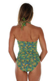 Back view of tan through blue and green Tahiti high waist bikini bottom.