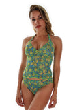 Front view of tan through blue and green Tahiti high waist bikini bottom.