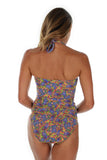 Back view of tan through high waist bikini bottom in rainbow Tahiti print.