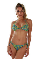 Front view of blue and green Tahiti string bikini top.