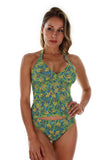 Front view of blue and green Tahiti tankini top.