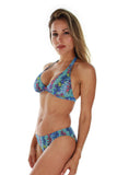 Side view of aqua Durban sport halter bikini top.