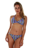 Front view of purple Durban halter bikini top.