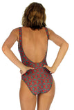 Back view of a tan through swimsuit