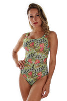 Tan through traditional tank swimsuit with green Morea print.