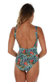 Back of blue Morea traditional tank tan through swimsuit.