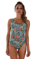 Traditional tank tan through swimsuit in blue Morea print.