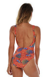 Tan through traditional tank swimsuit -- back view -- orange Fiji.
