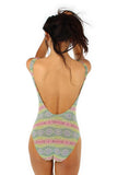 Tan through traditional tank with green Chameleon print--back view.