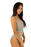 Tan through swimwear in traditional tank style with green Chameleon pattern.