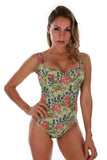 Tan through C-D underwire support tank swimsuit in green Morea print.