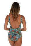 Back view of tan through C-D cup underwire support tank swimwear in blue Morea print.
