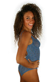 Side view of Lifestyles Direct CD cup underwire swimsuit in blue Caged print.