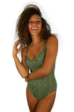 Tan through  underwire support tank with C-D cups in green Caged.