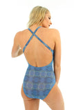 Back -- blue Serpent adjustable criss-cross strap bathing suit from Lifestyles Direct Tan Through Swimwear.