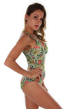 Side view of green Morea crisscross strap women's swimsuit with structured cups.